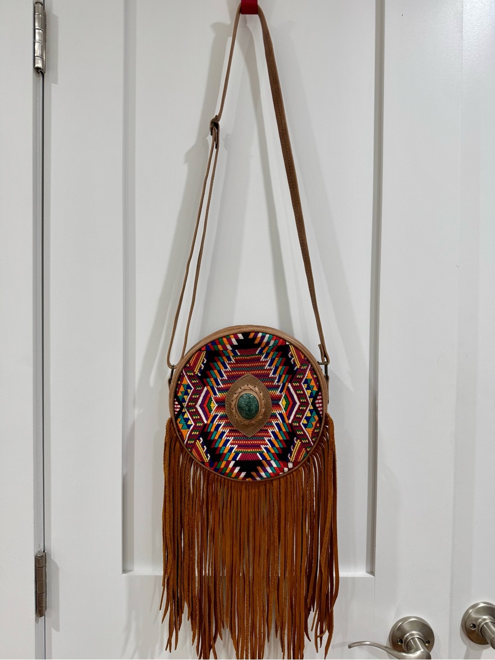 [SOLD] Handmade Guatemalan Leather Fringe Crossbody Bag w/ Embroidery Green Jade - Picture 2 of 5